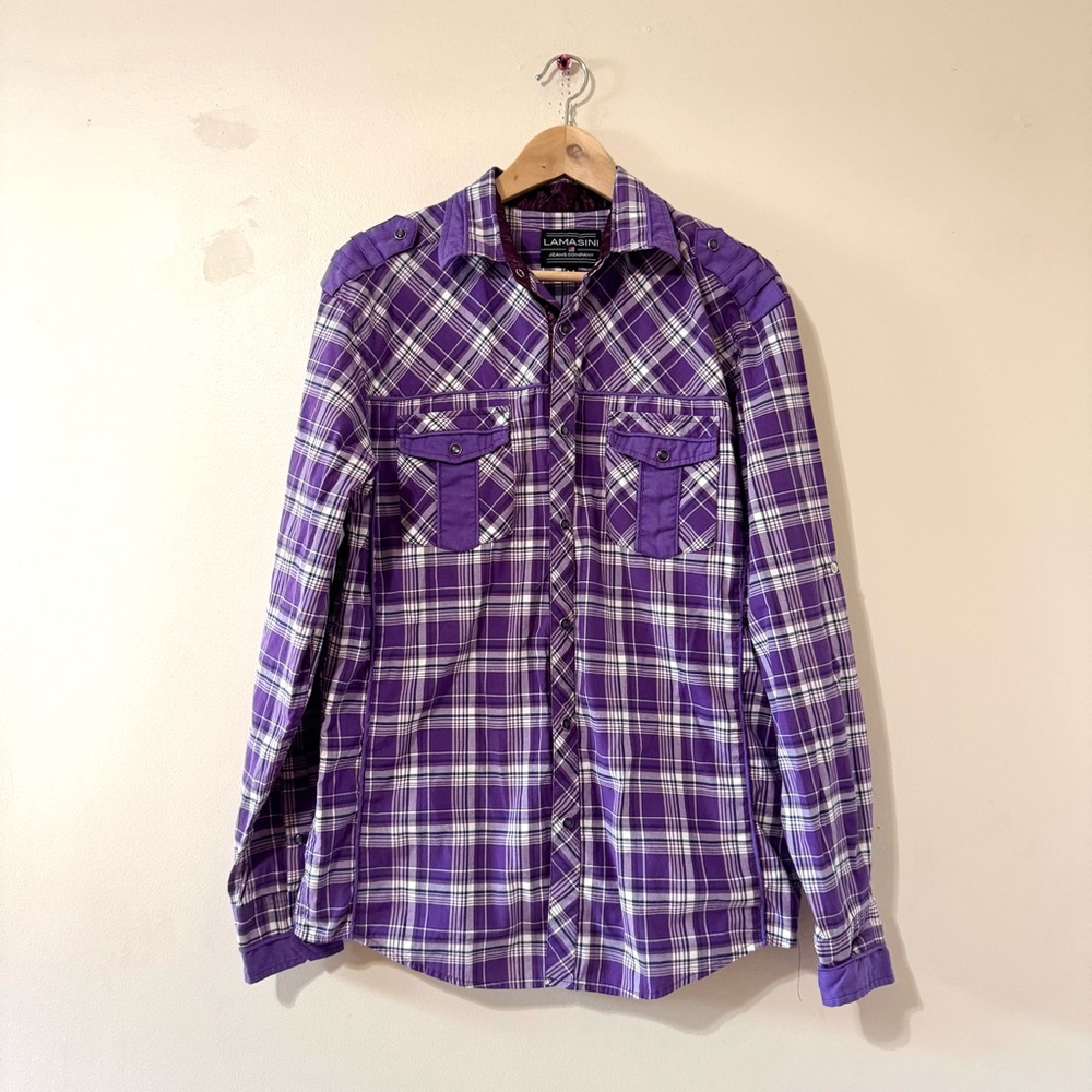 Vintage western Lamasini Purple Plaid Button-Up Shirt Long Sleeve Medium